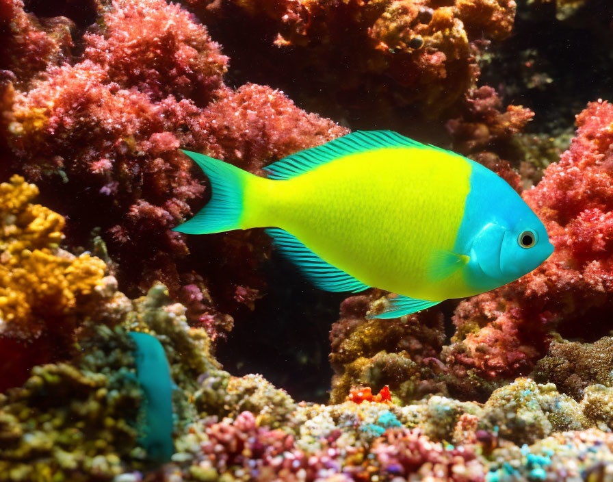 Colorful Yellow-Green Fish Swimming Near Coral Reefs