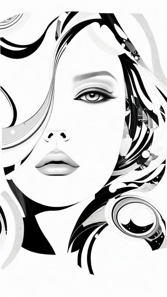 Monochromatic Woman's Face Illustration with Abstract Patterns