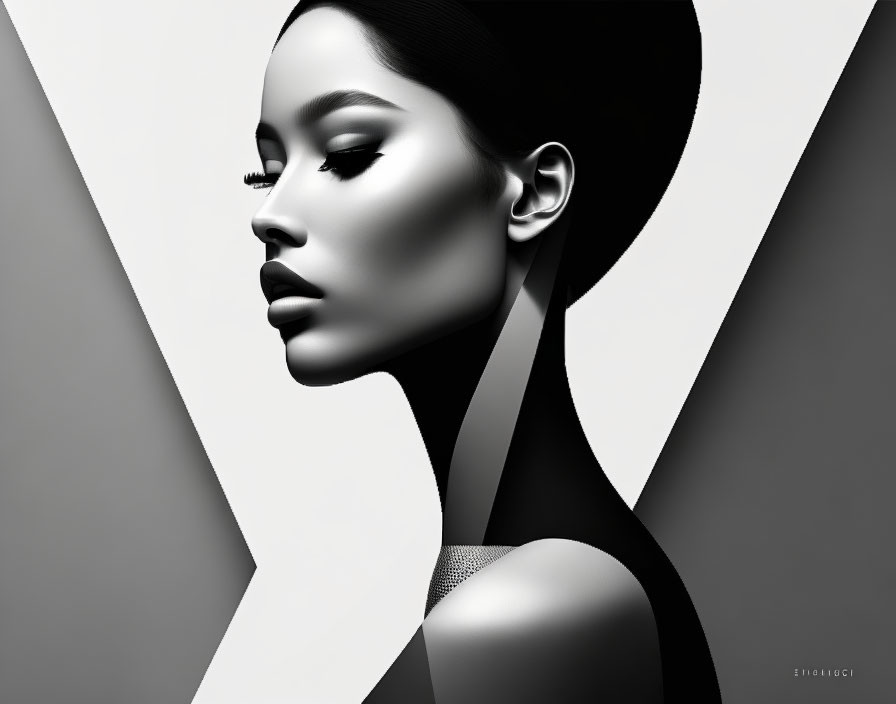 Monochromatic image of woman with bold makeup and sleek hair against abstract geometric backdrop