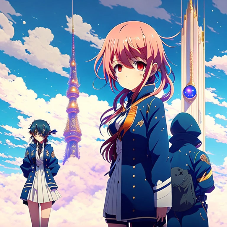 Colorful Anime Artwork: Pink-Haired Girl, Blue-Uniformed Characters, Fantasy Sky &