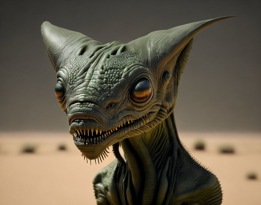 Detailed Alien Creature Model with Textured Skin and Sharp Teeth in Desert Environment