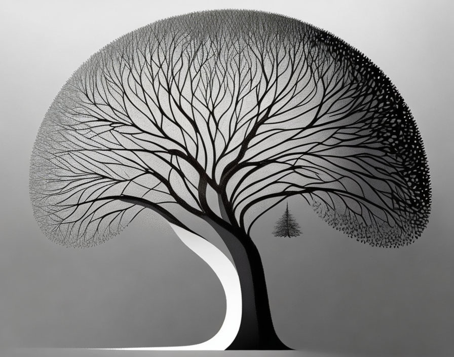 Monochrome tree with curved trunk and intricate branches