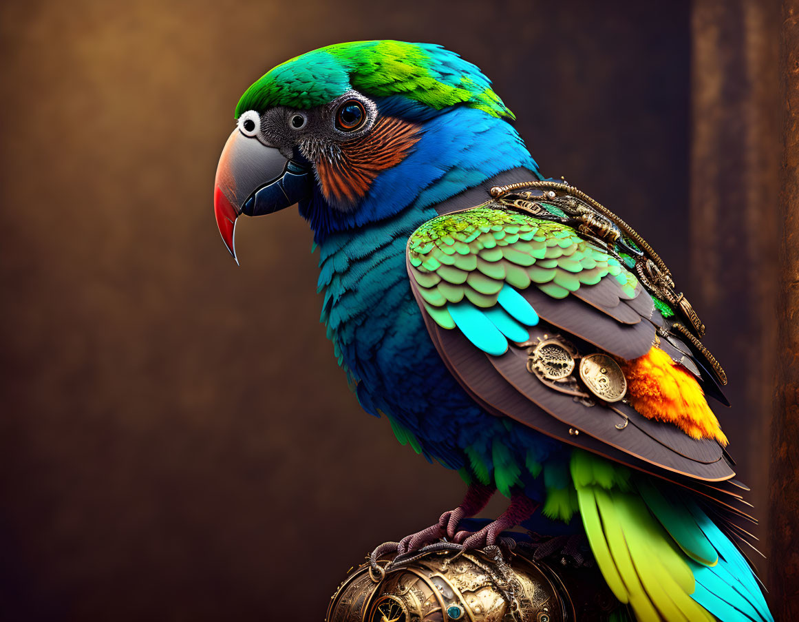 Colorful Parrot Perched on Ornate Metallic Object in Front of Brown Background