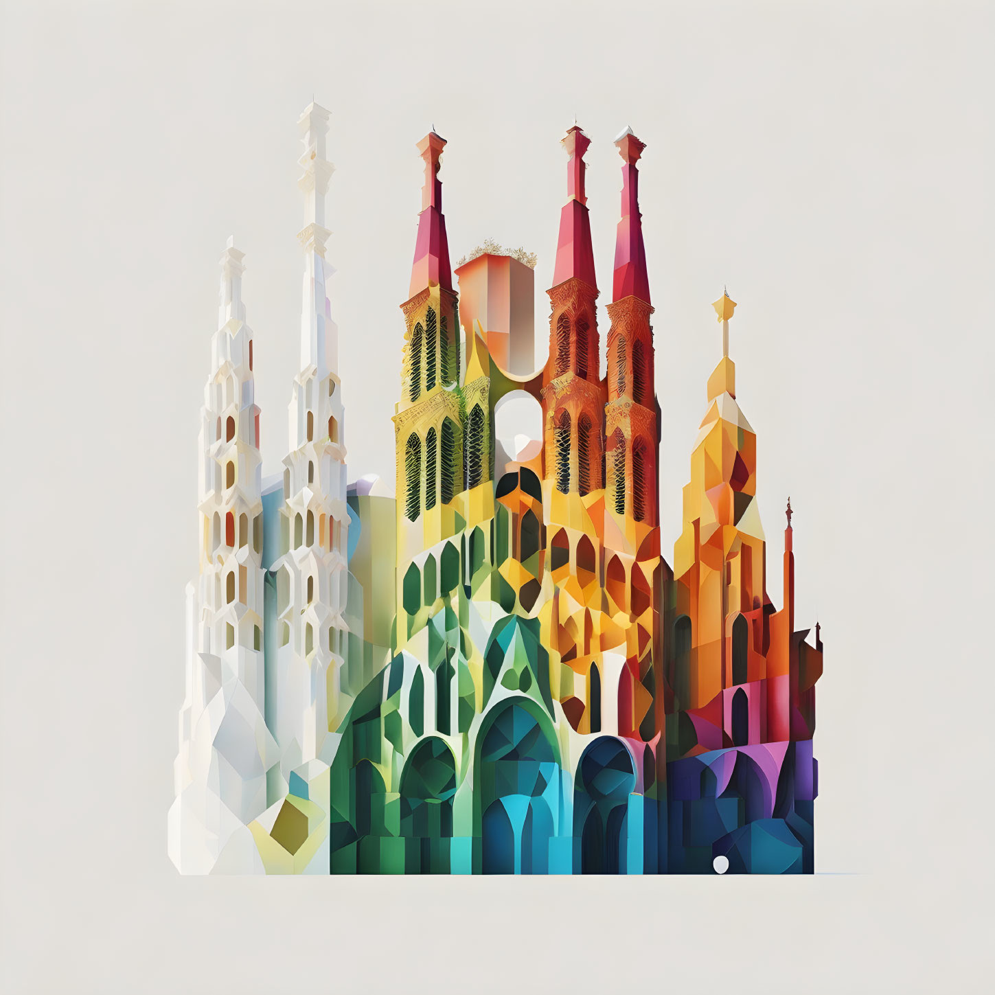 Vibrant geometric illustration of Sagrada Familia basilica