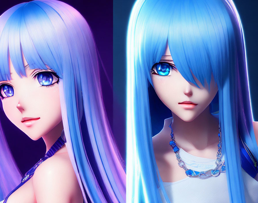 Anime-style character with long blue hair and bright blue eyes split in close-up and medium shot.