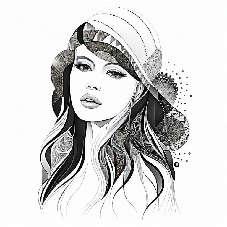 Detailed monochrome illustration of stylized woman with headband and patterned adornments.