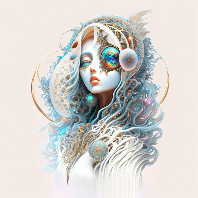 Digital artwork: Female figure with pale skin, galaxy eyes, ornate celestial headwear.