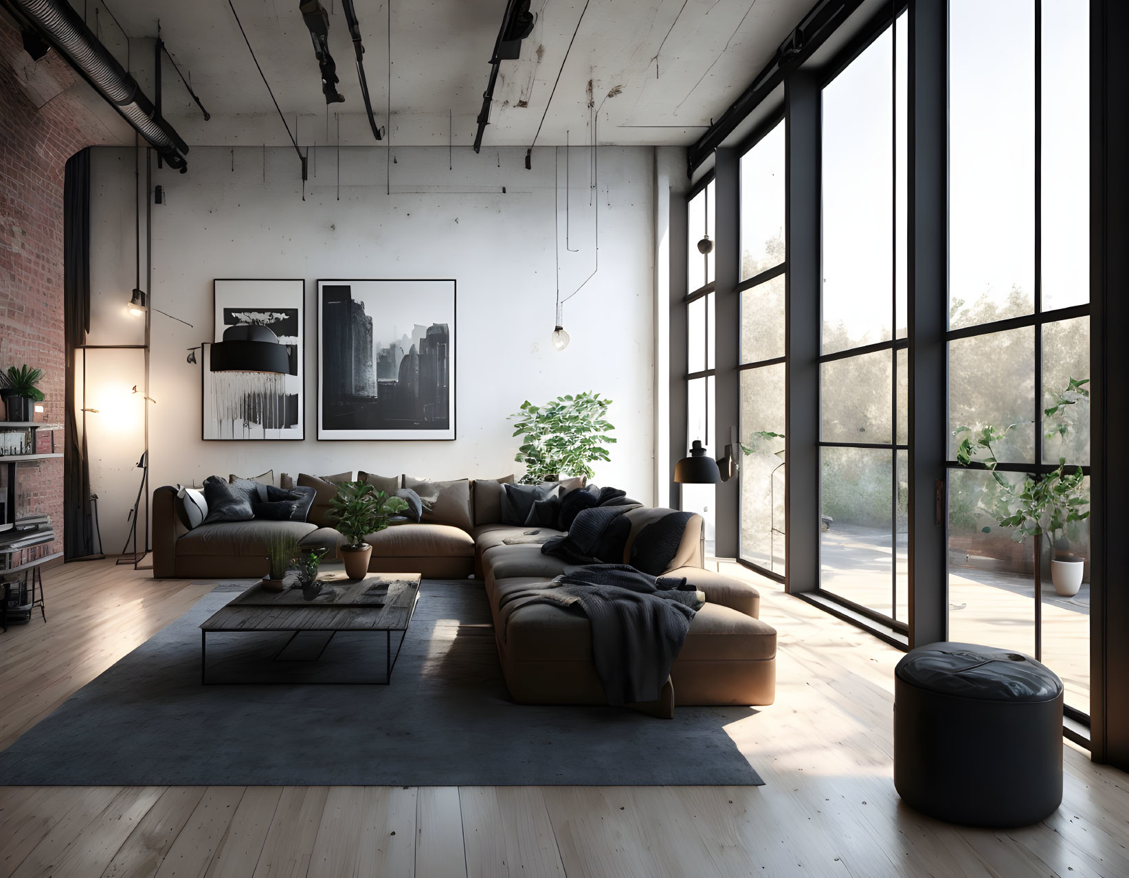 Modern Industrial Living Room with Large Windows and Tan Leather Sofas