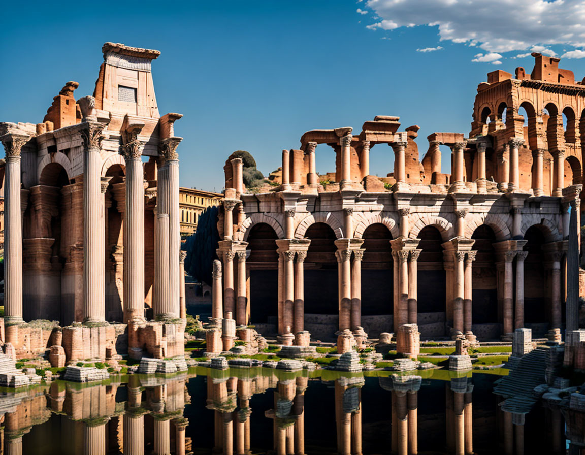 Iconic Colosseum in Rome with arches and ruins reflected in water under blue sky