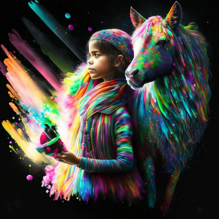 Colorful scarf girl and multicolored horse under starry sky with neon paint splatter