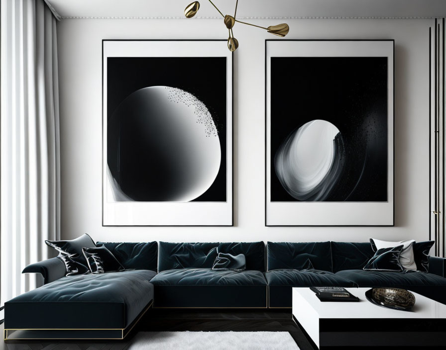 Modern Living Room with Dark Blue Sectional Sofa & Abstract Art