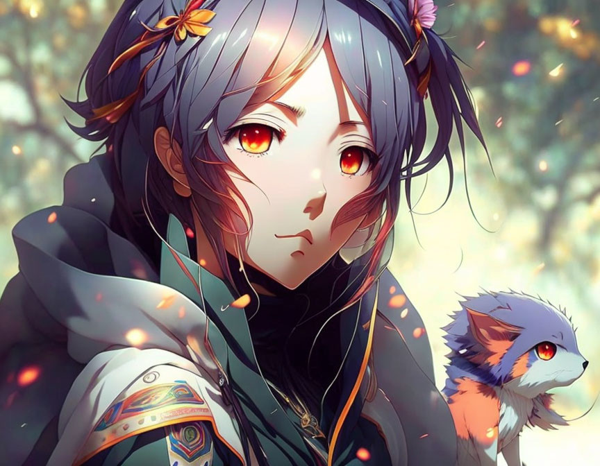 Stylized anime girl with amber eyes and fox in autumnal setting