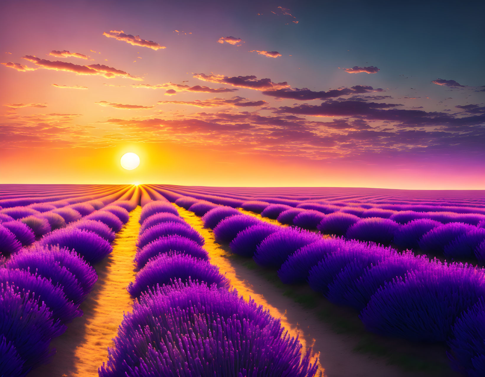 Vivid Sunset Over Lavender Field with Purple Hues