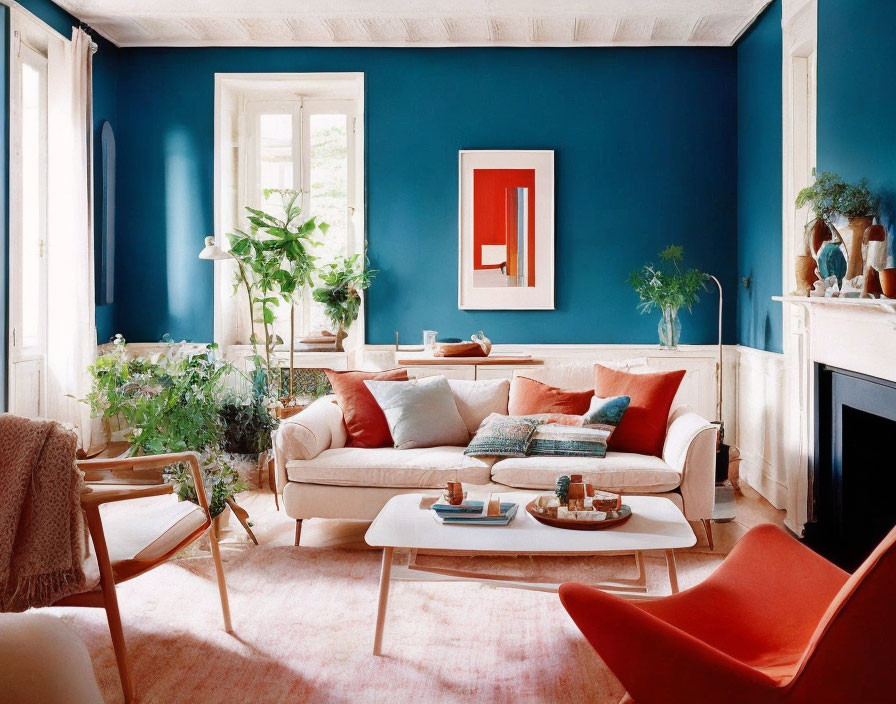 Blue, White, Red Living Room Decor with Wooden Floors & Indoor Plants