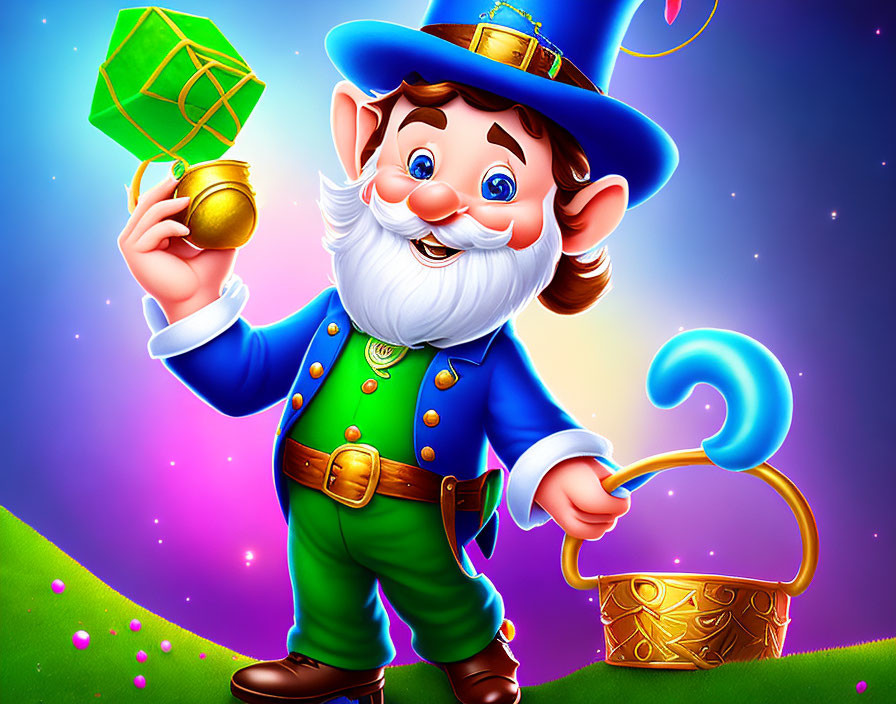 Cheerful cartoon leprechaun holding gem and gold pot against starry backdrop