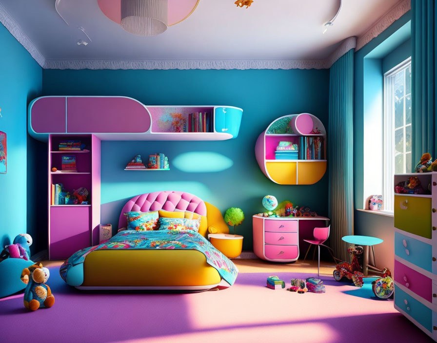 Colorful Kids Room with Pink Bed, Circular Shelves, Toys, Teal Walls, and Blue