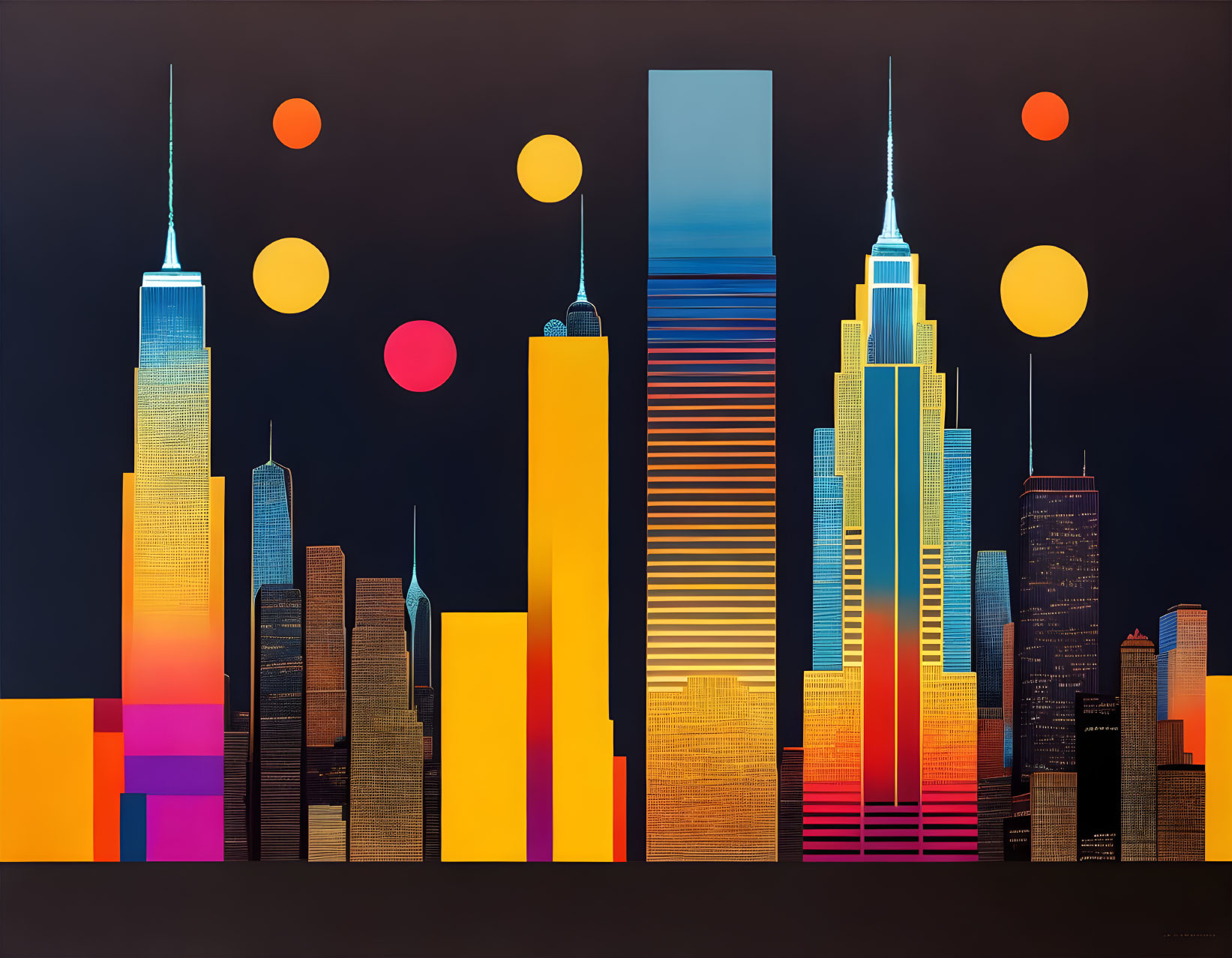 Colorful geometric patterns adorn stylized cityscape with skyscrapers against dusk sky