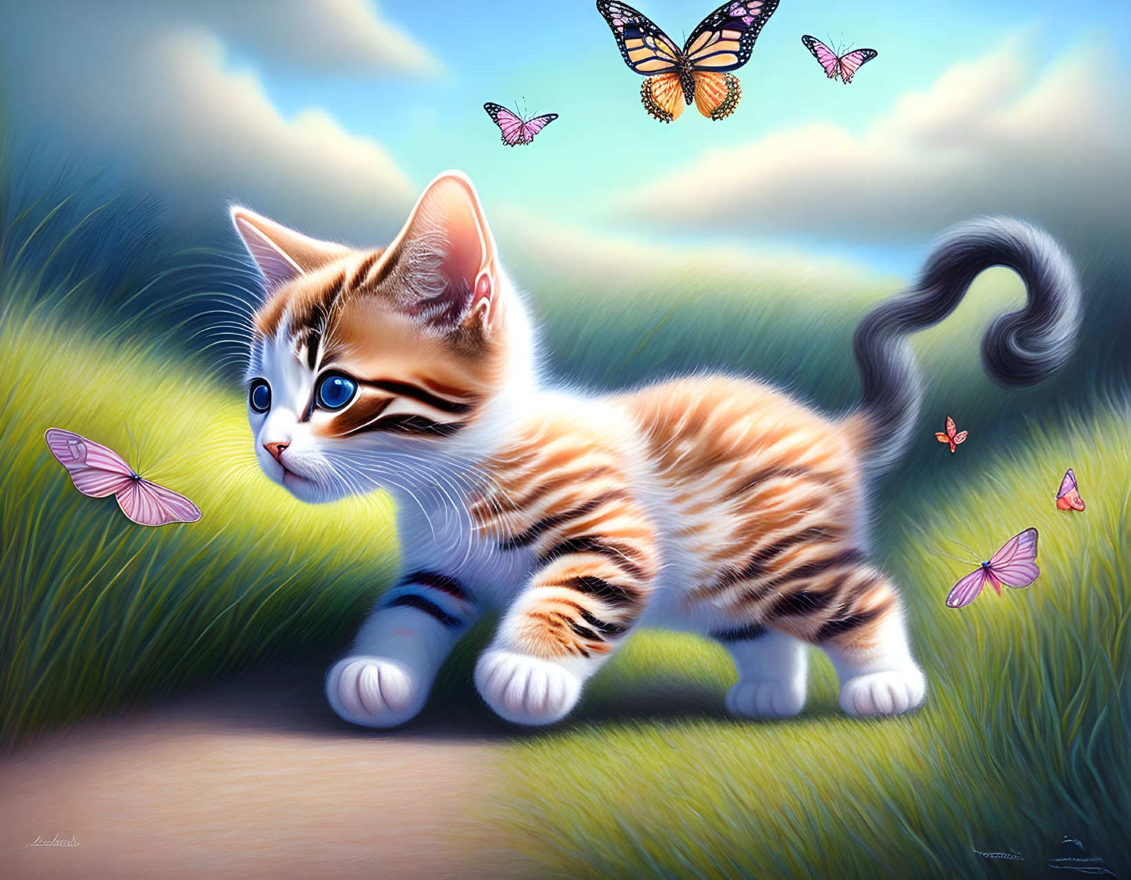 Striped kitten in grassy meadow with colorful butterflies