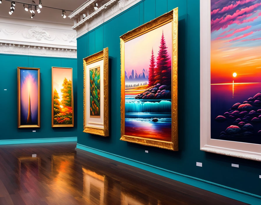 Vibrant landscape paintings in gold frames on blue gallery wall