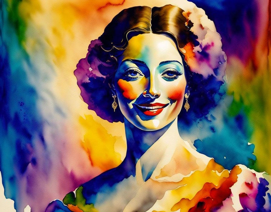 Vibrant watercolor-style portrait of a smiling woman