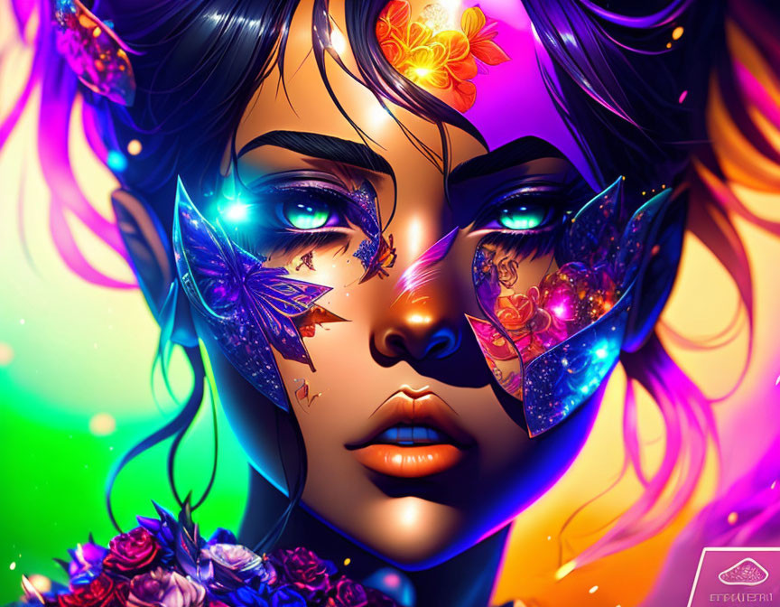 Vibrant digital artwork of woman with butterfly wings and floral elements