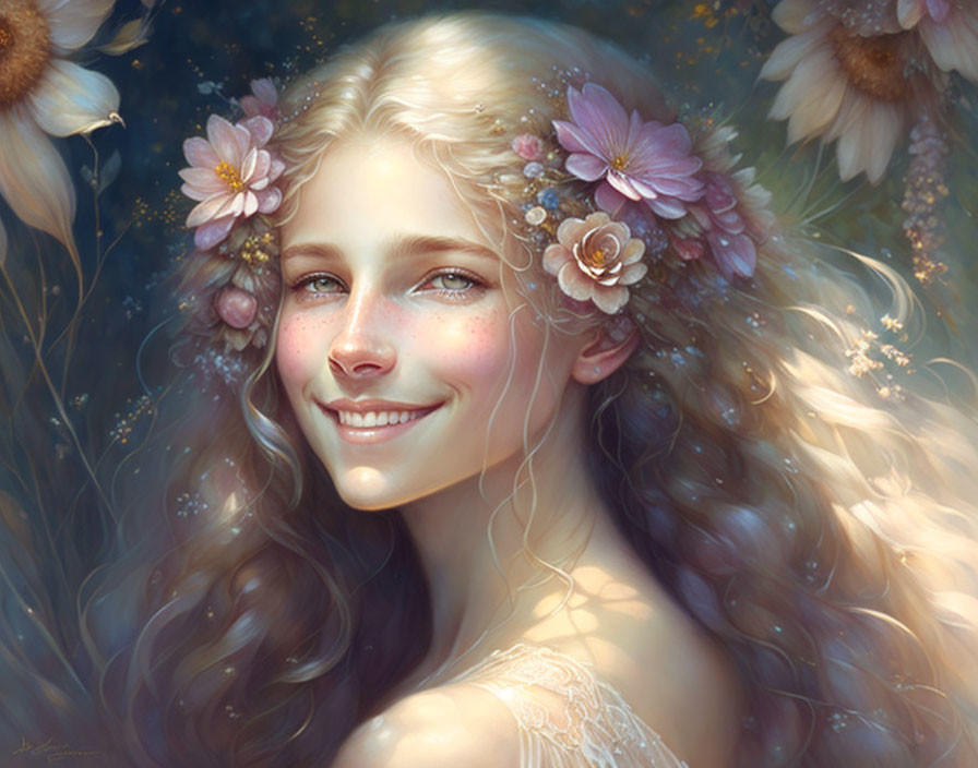 Smiling woman with wavy hair and flowers in ethereal setting