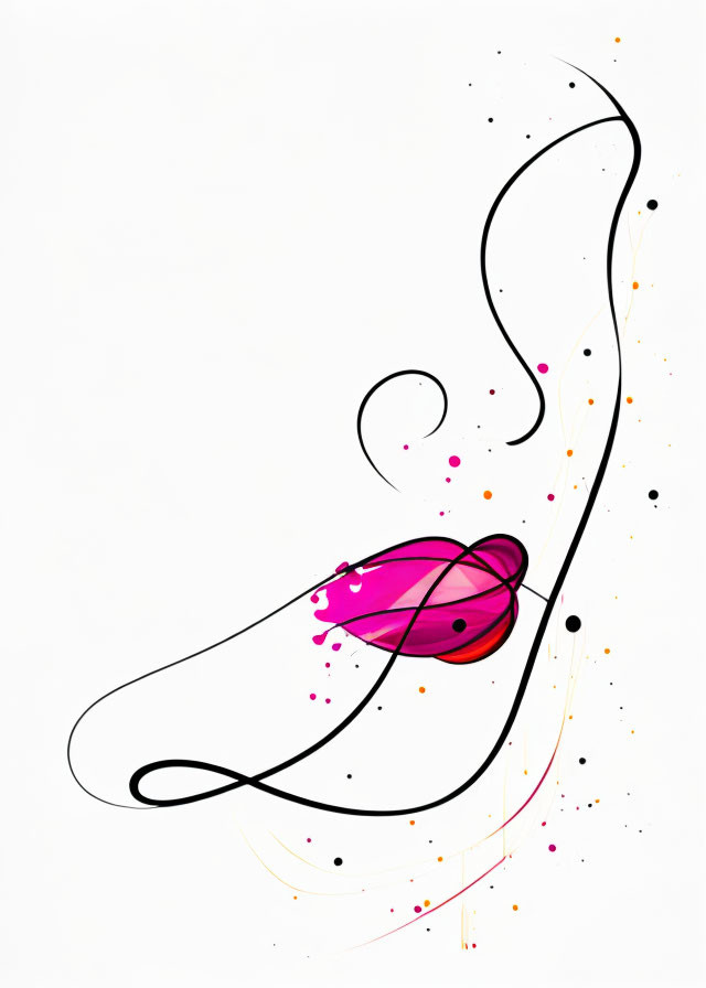 Abstract artwork featuring central magenta ellipse and fluid black lines with pink and orange splashes