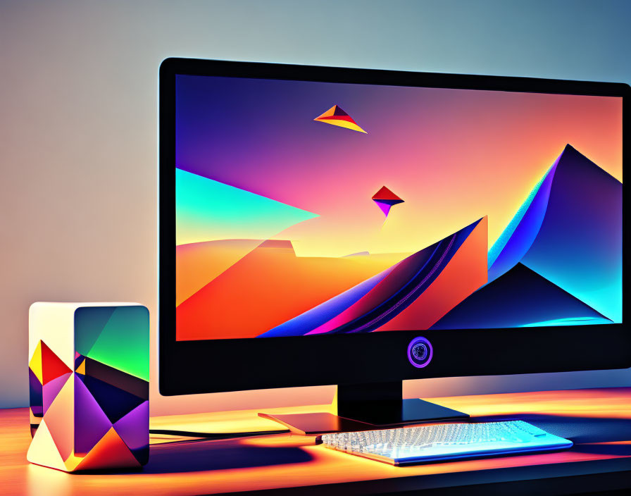 Vibrant abstract wallpaper on modern desktop computer with speaker, keyboard, and mouse on wooden desk