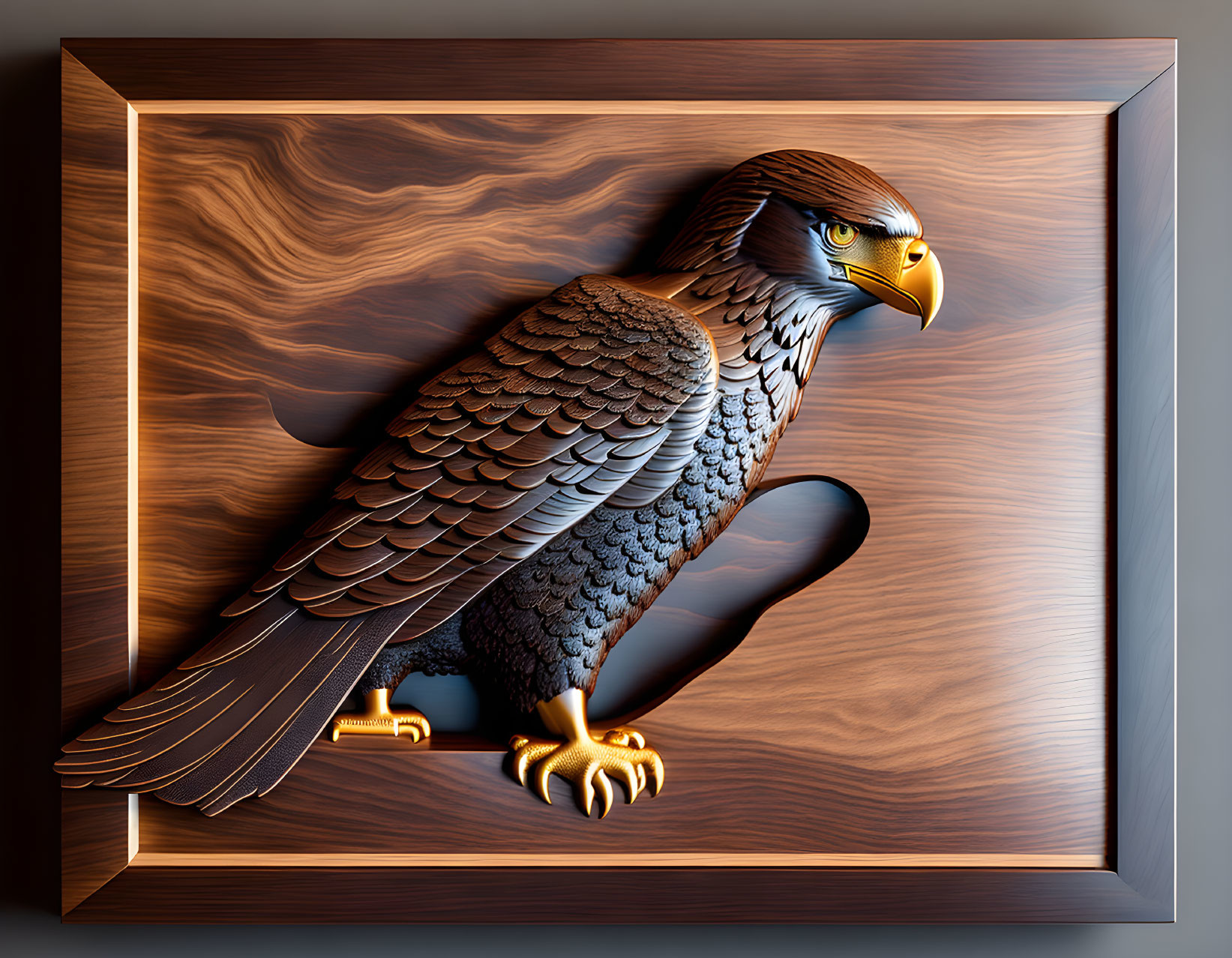 Intricate 3D Eagle Carving in Wooden Frame with Feather Detail