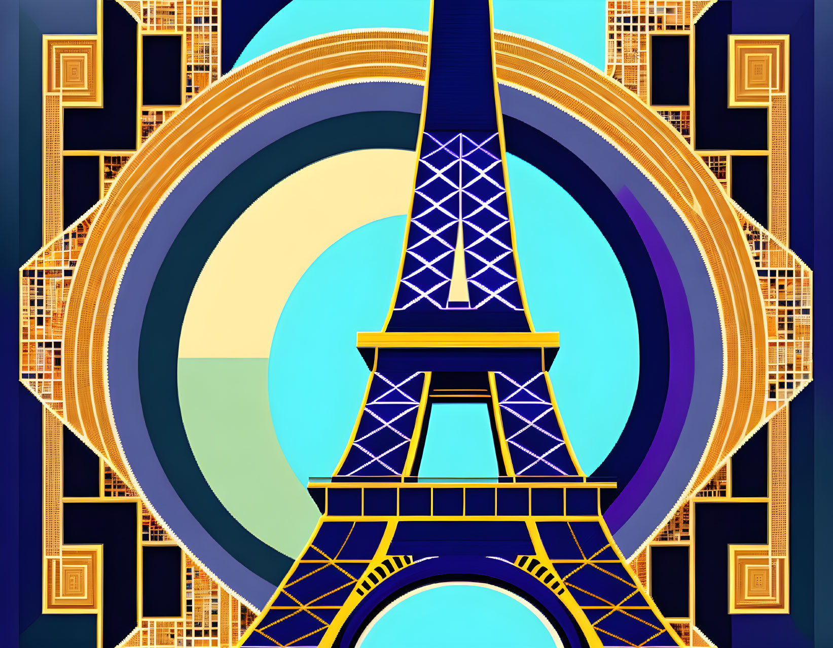 Art Deco Eiffel Tower illustration with blue, yellow, and gold geometric patterns