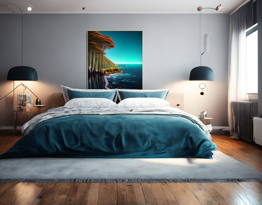 Spacious modern bedroom with large bed, teal bedding, gray walls, coastal artwork, and minimalist decor