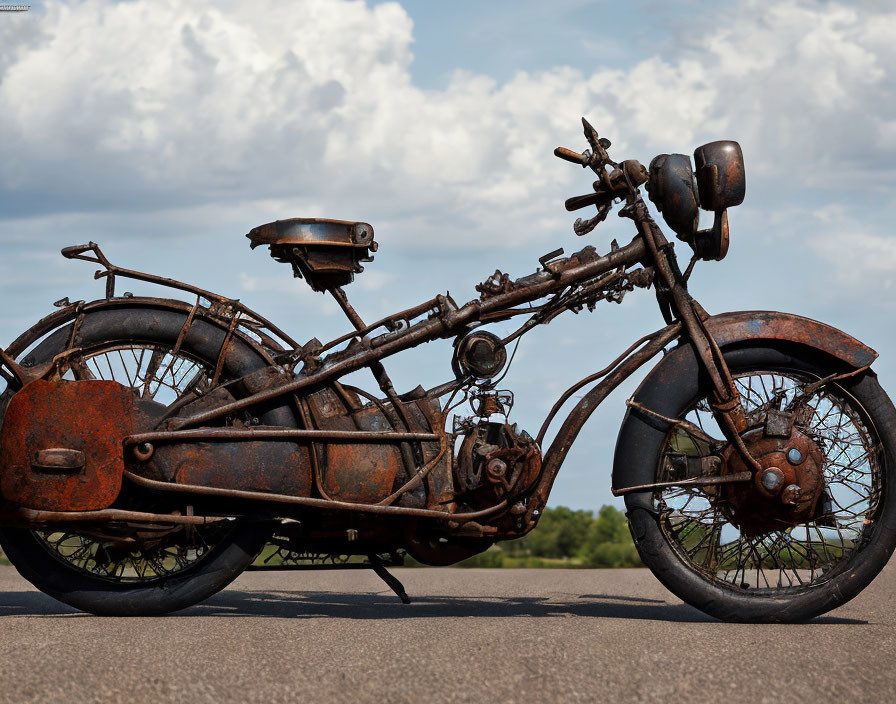 Rusted motorcycle with intact wheels under cloudy sky