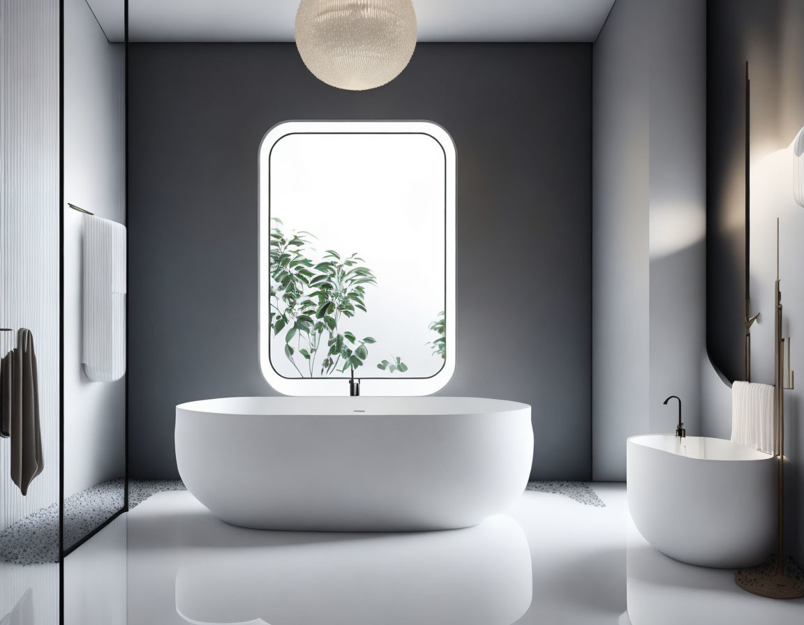 Contemporary Bathroom with Oval Bathtub and Pendant Light