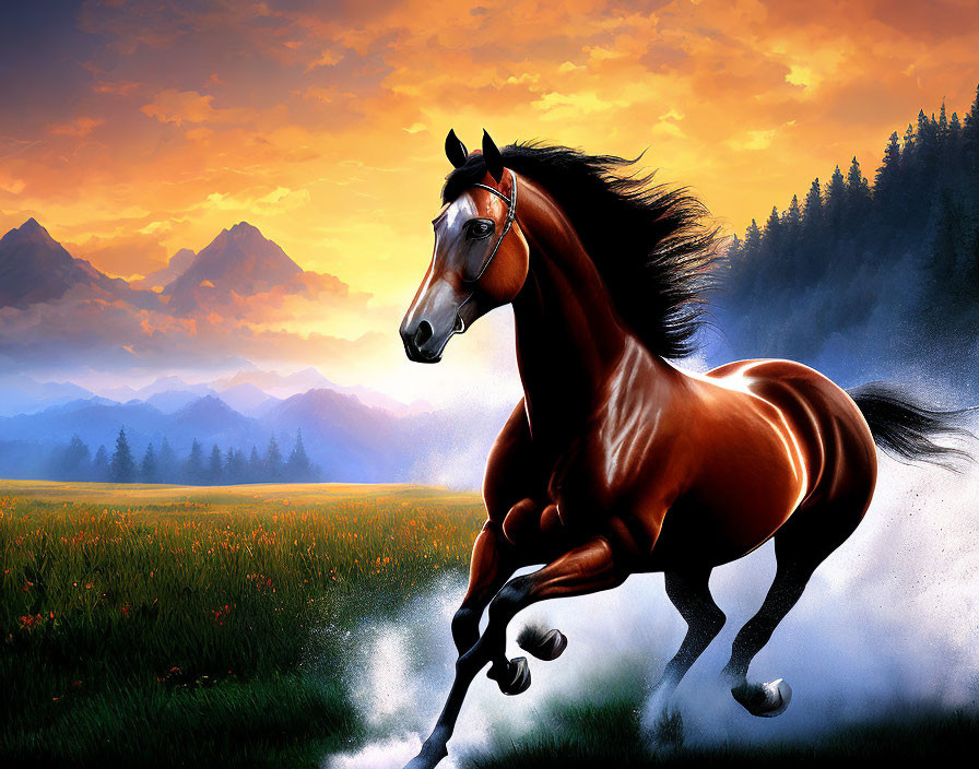 Brown horse galloping in field with orange sunset and mountains