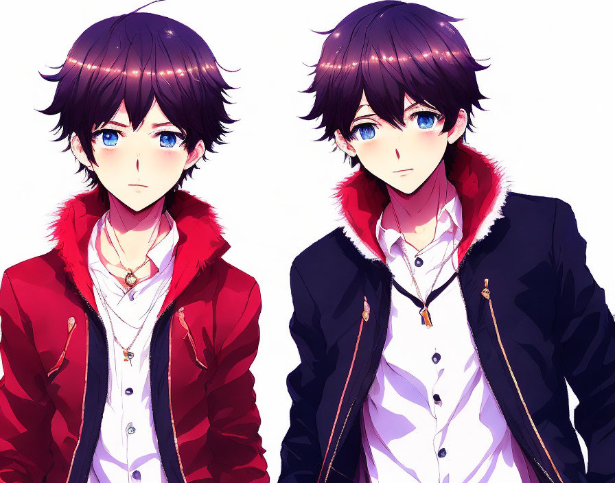 Anime-style male characters with dark hair and blue eyes in red and black jackets.