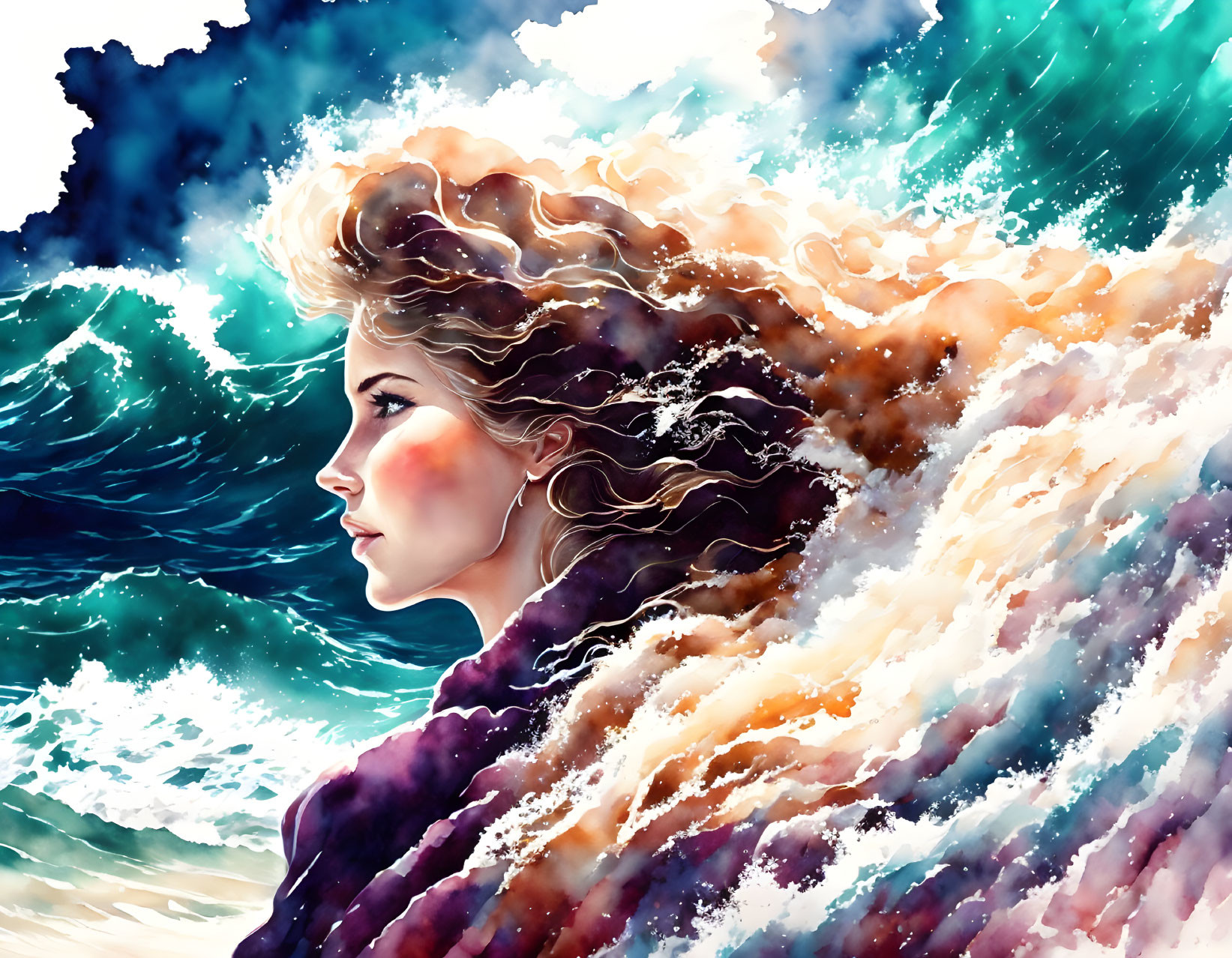 Colorful Woman's Profile with Flowing Hair and Ocean Wave Integration