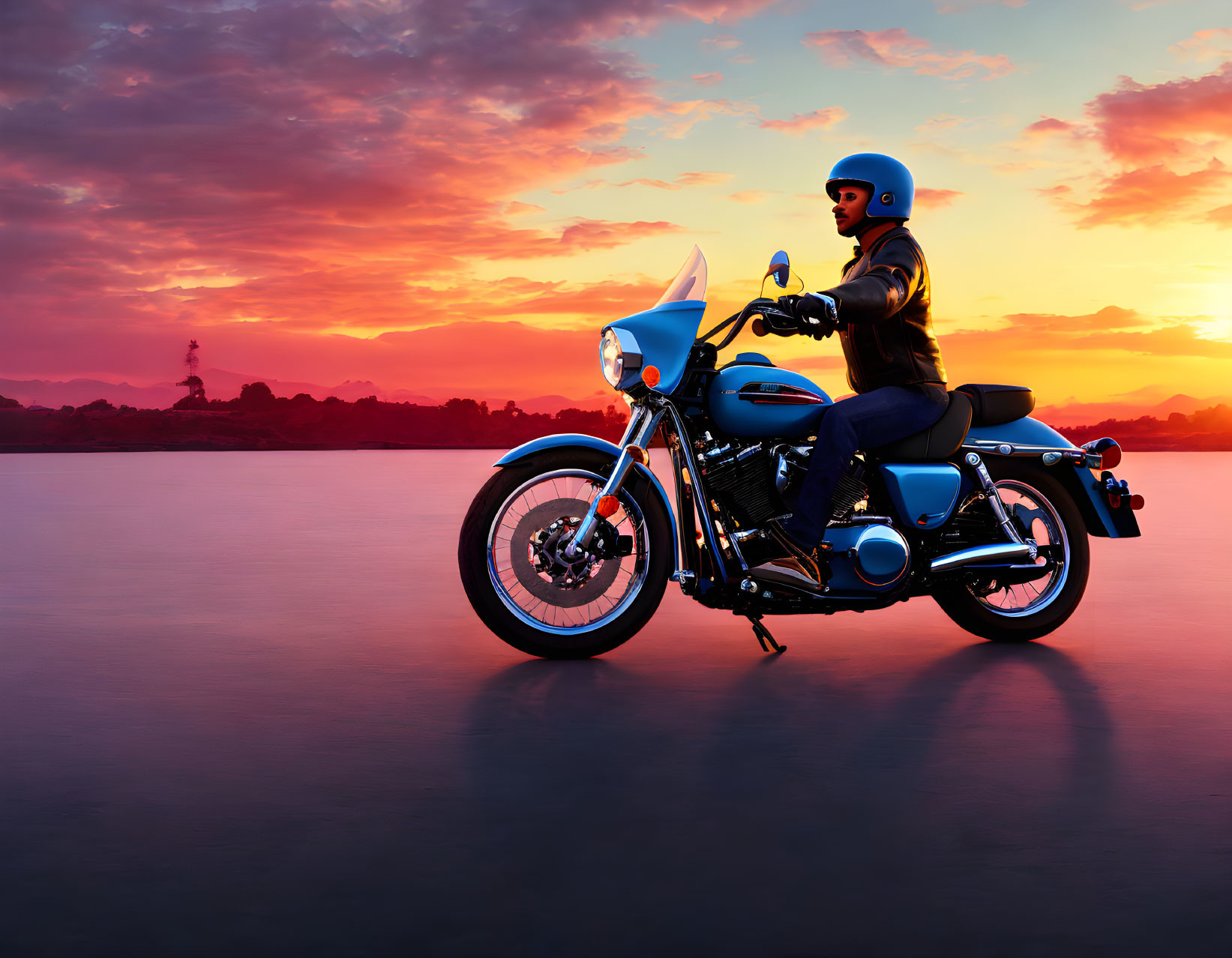 Motorcyclist by serene lake at vibrant sunset