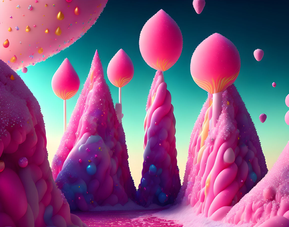 Surreal landscape with whimsical balloon-like trees in pink and purple hues