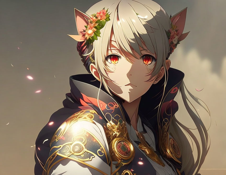 Red-eyed animated character with white hair, cat ears, floral adornments, and gold-trimmed