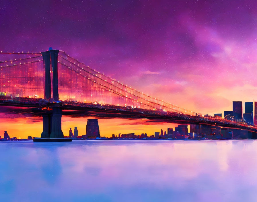 Colorful cityscape with bridge at sunset and purple skies reflected on water