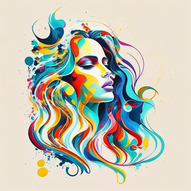 Vibrant digital artwork: Woman with flowing hair and abstract shapes