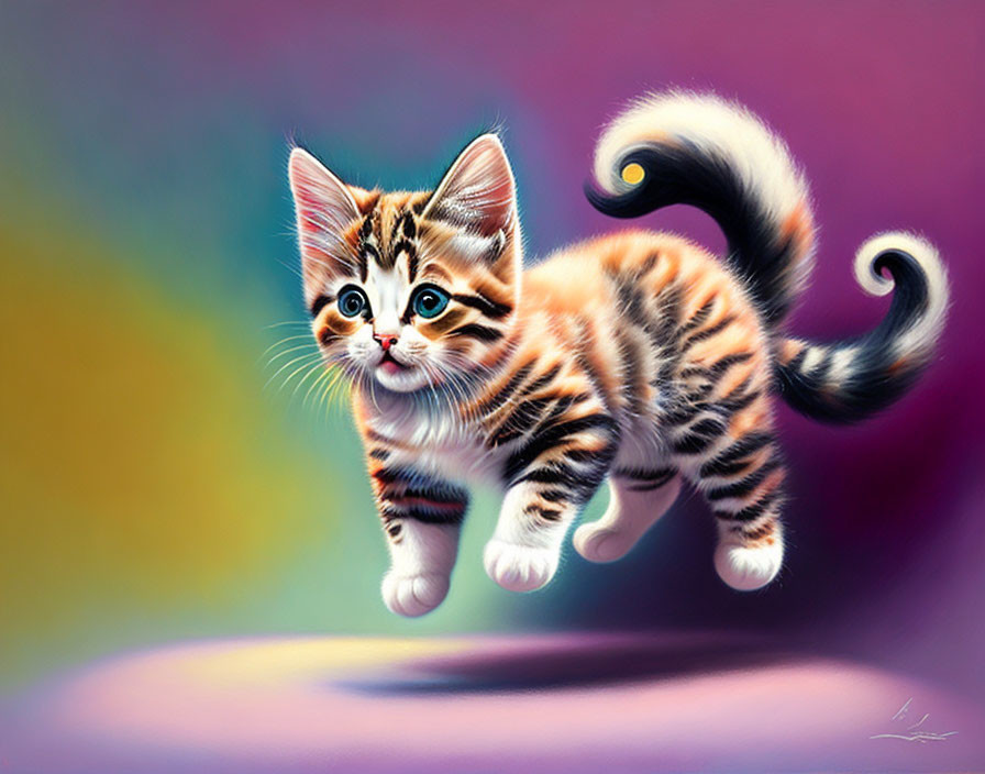 Striped kitten with large, bright eyes on colorful gradient background