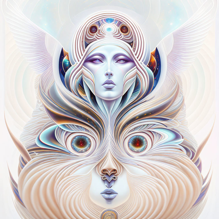 Surreal portrait of female figure with pale skin and cosmic designs