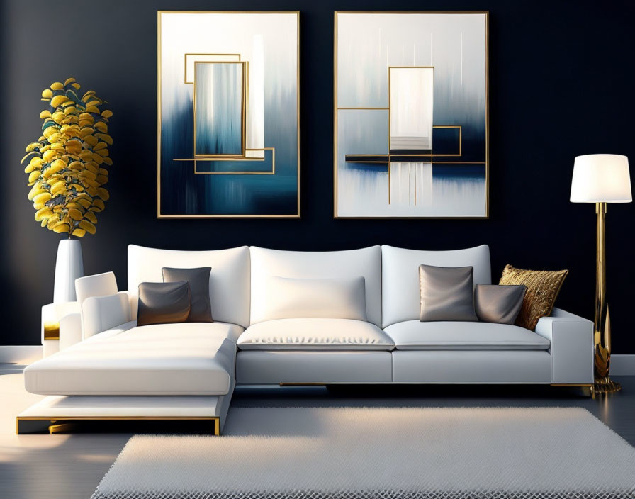 Modern Living Room Decor with White Modular Sofa & Abstract Wall Art