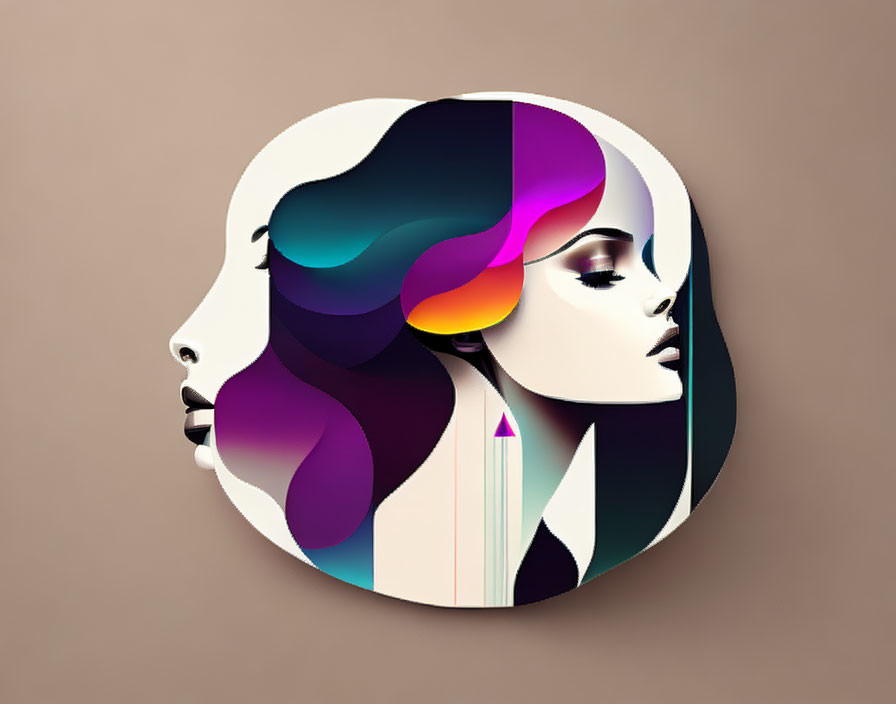 Colorful Hair Merge: Two Female Profiles Artwork on Beige Background