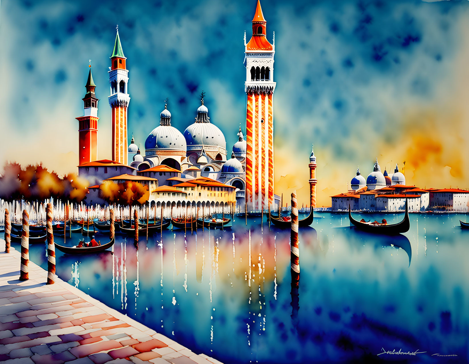 Colorful Venetian skyline with domed architecture and water reflection.