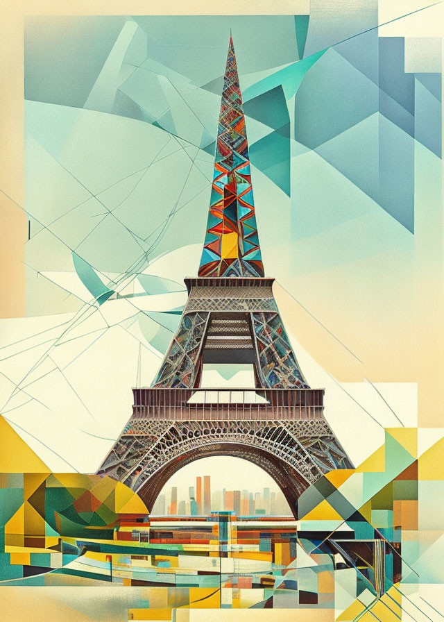 Colorful Geometric Eiffel Tower Illustration with Abstract Cityscape Background