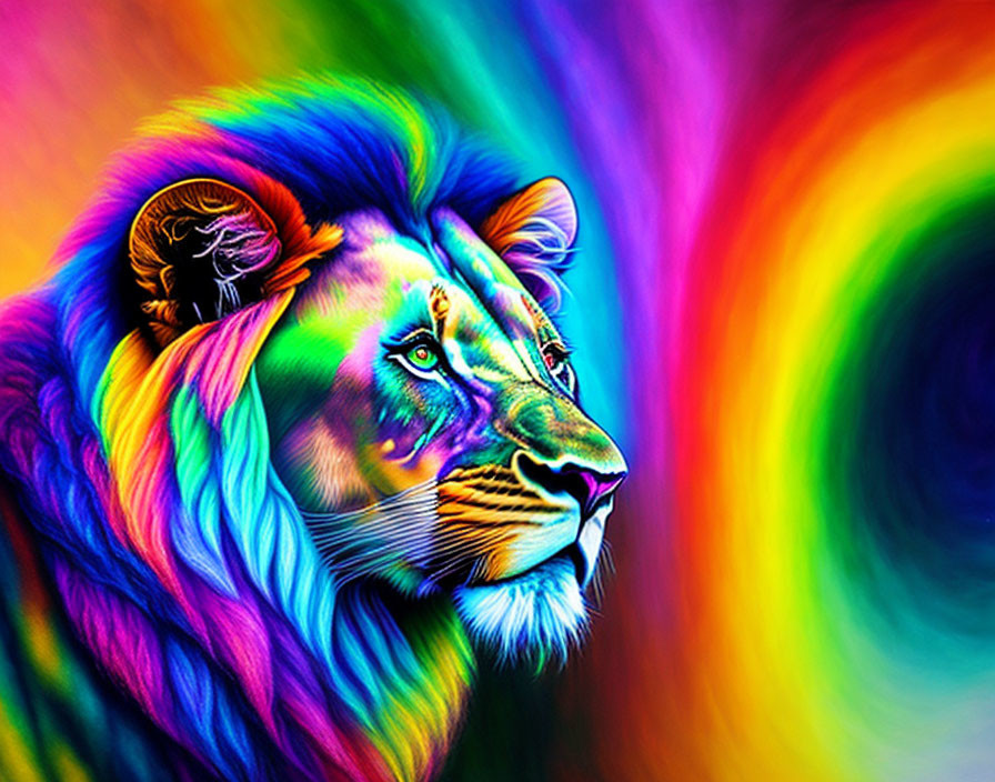 Colorful Lion Illustration with Multicolored Mane on Rainbow Background