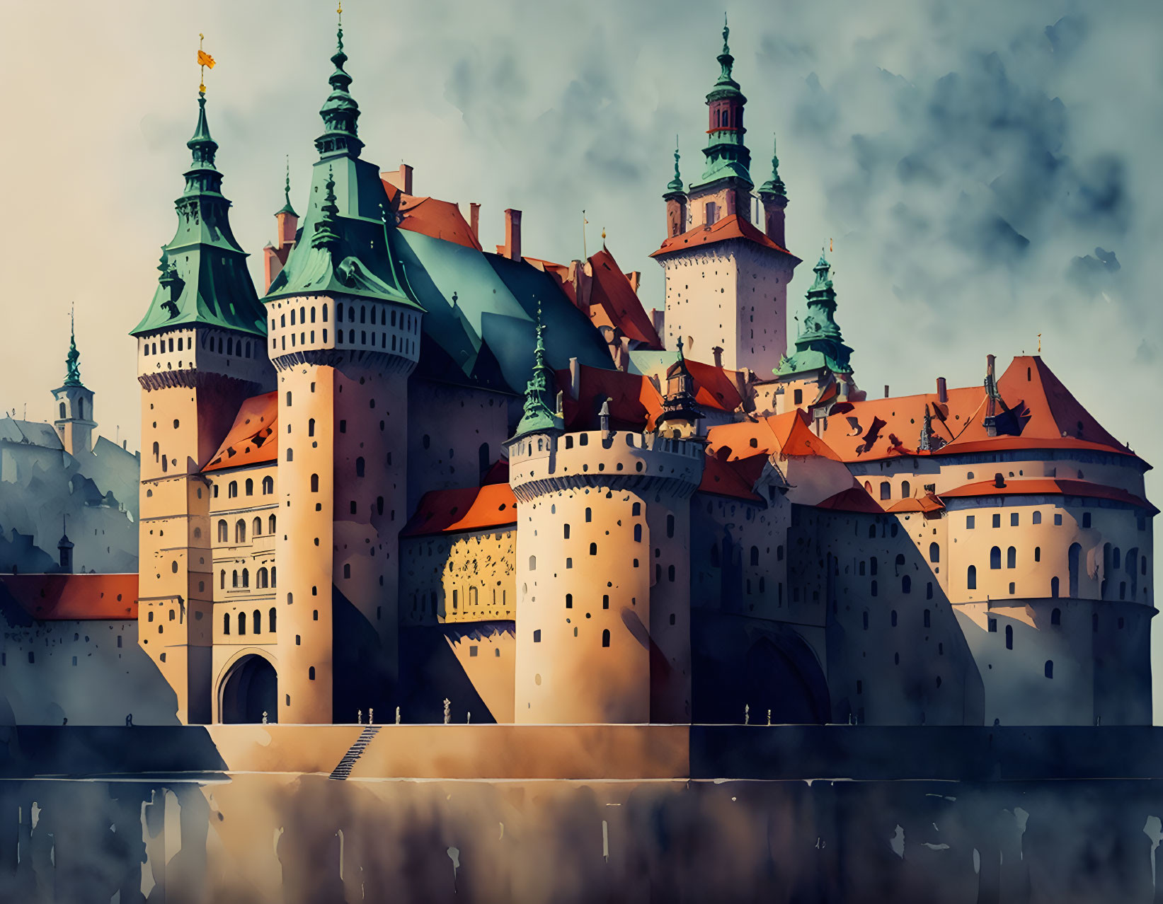 Stylized digital artwork of grand castle with spires and towers against cloudy sky and water reflection