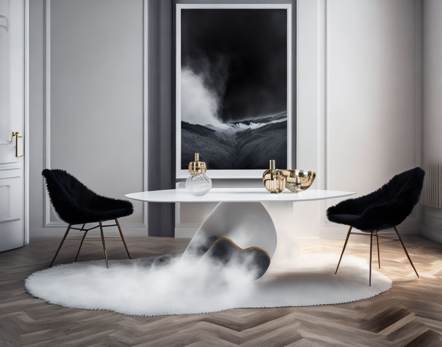 Contemporary dining room with oval white table, black chairs, fur rug, and landscape painting